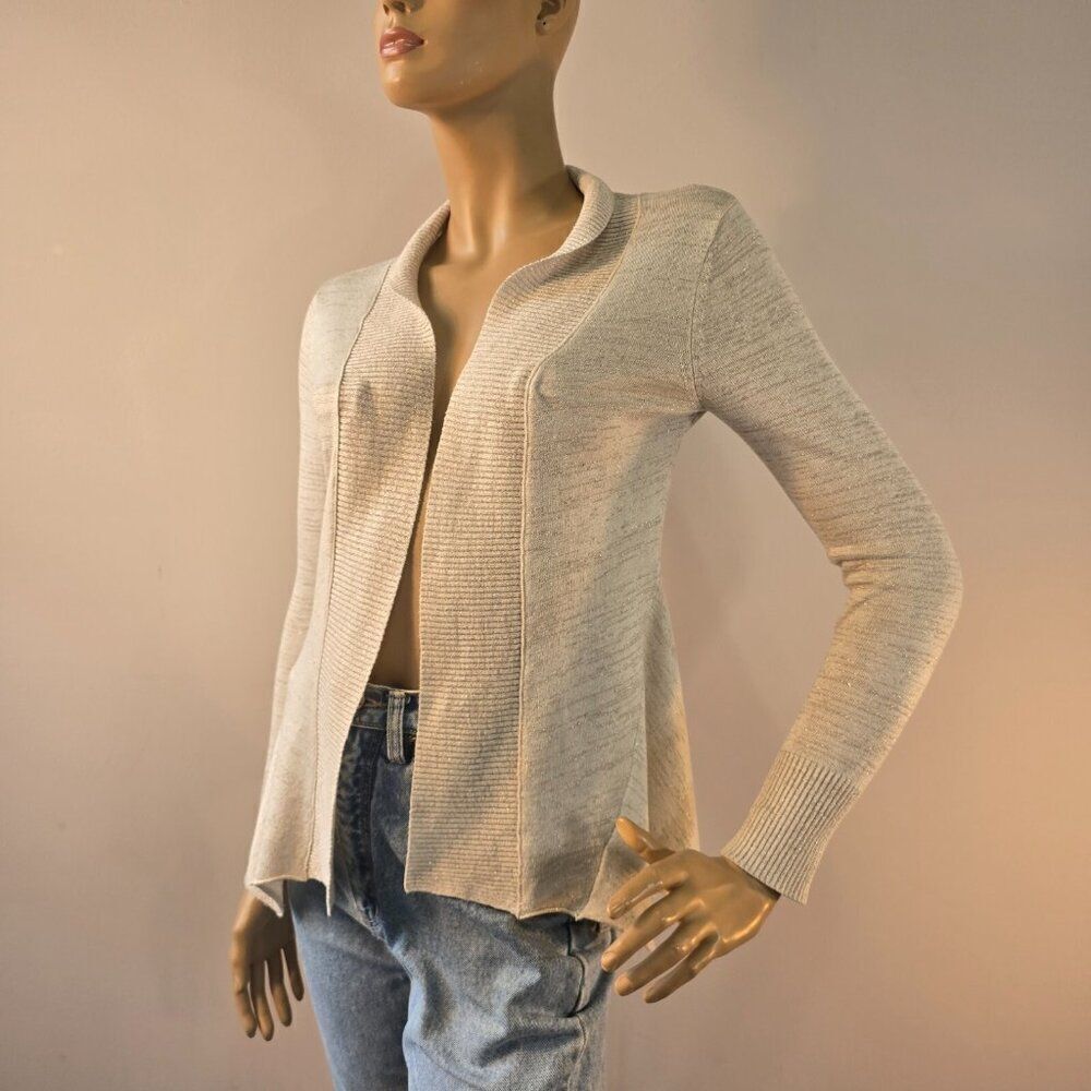 Esprit Womens Cardigan Sz S Cream Lurex Metallic Gold Striped V-Neck Open Front
